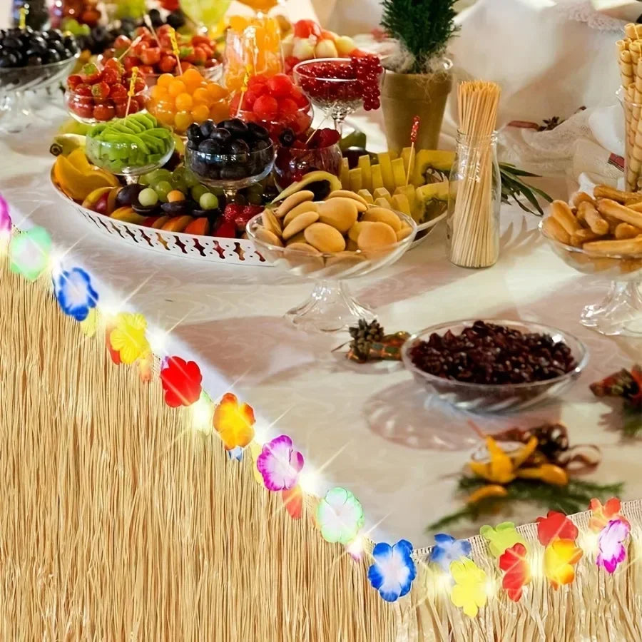 Tropical Hawaiian Table Skirt – Reusable Grass Fringe for Luau Party Decor