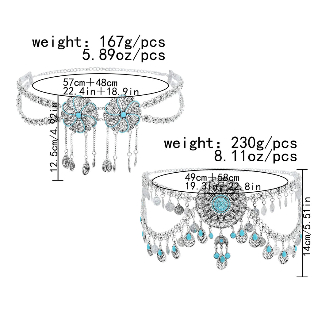 Silver western-style belts with turquoise accents, intricate floral designs, and hanging charms, with size and weight measurements.