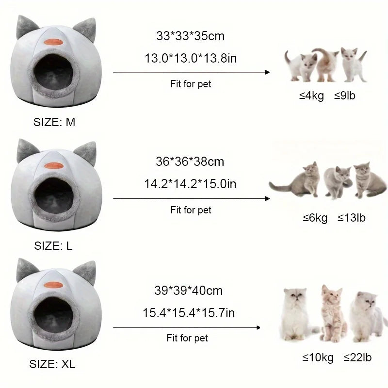 Plush Cat Shape Bed – Semi-Closed Warm Cave for Pet Sleeping