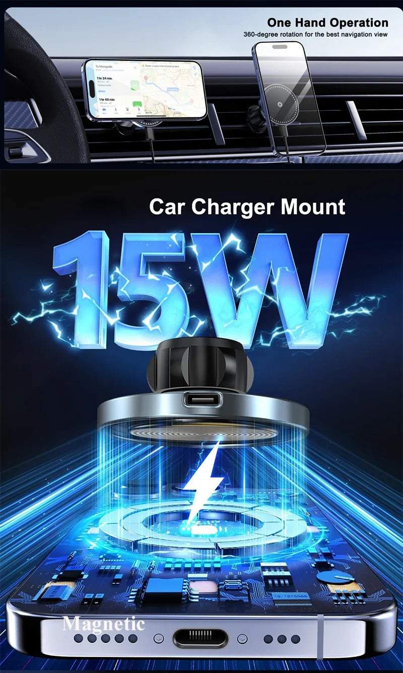 Magnetic Wireless Car Charger – 15W Air Vent Mount for iPhone 16 15 14 13