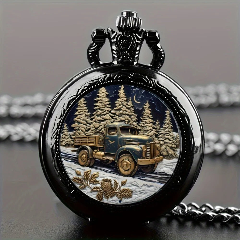 Forest Truck Quartz Pocket Watch – Vintage Necklace for Men Women and Kids
