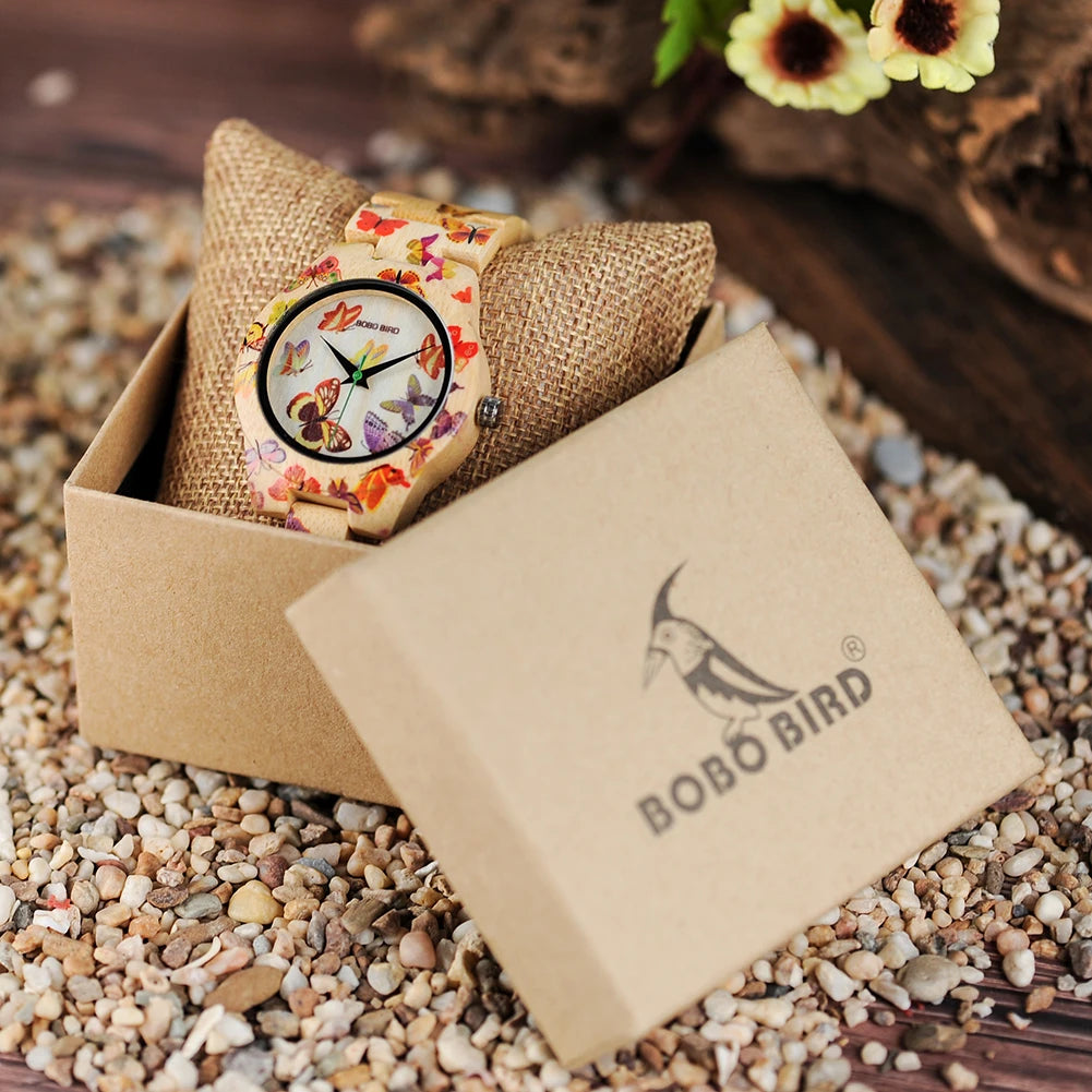 BOBO BIRD Wooden Women's Watch – Floral Engraved Handmade Quartz Wristwatch