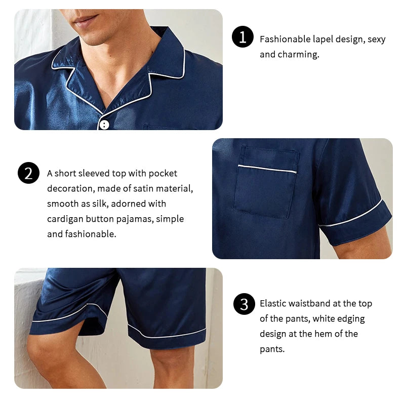 Satin Pajama Set – Short Sleeve Button-Down Sleepwear for Men
