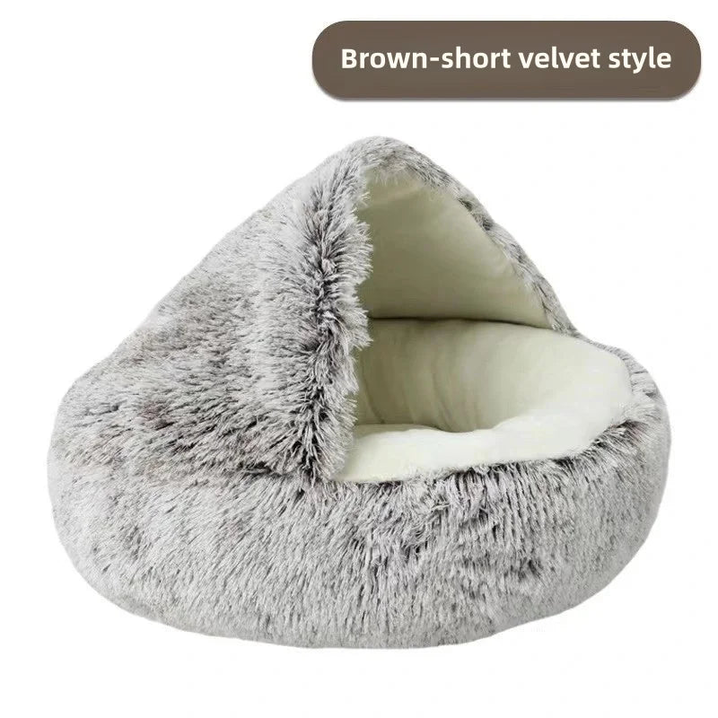 Semi-Enclosed Plush Pet Bed – Warm Winter Shell Nest for Cats and Small Dogs