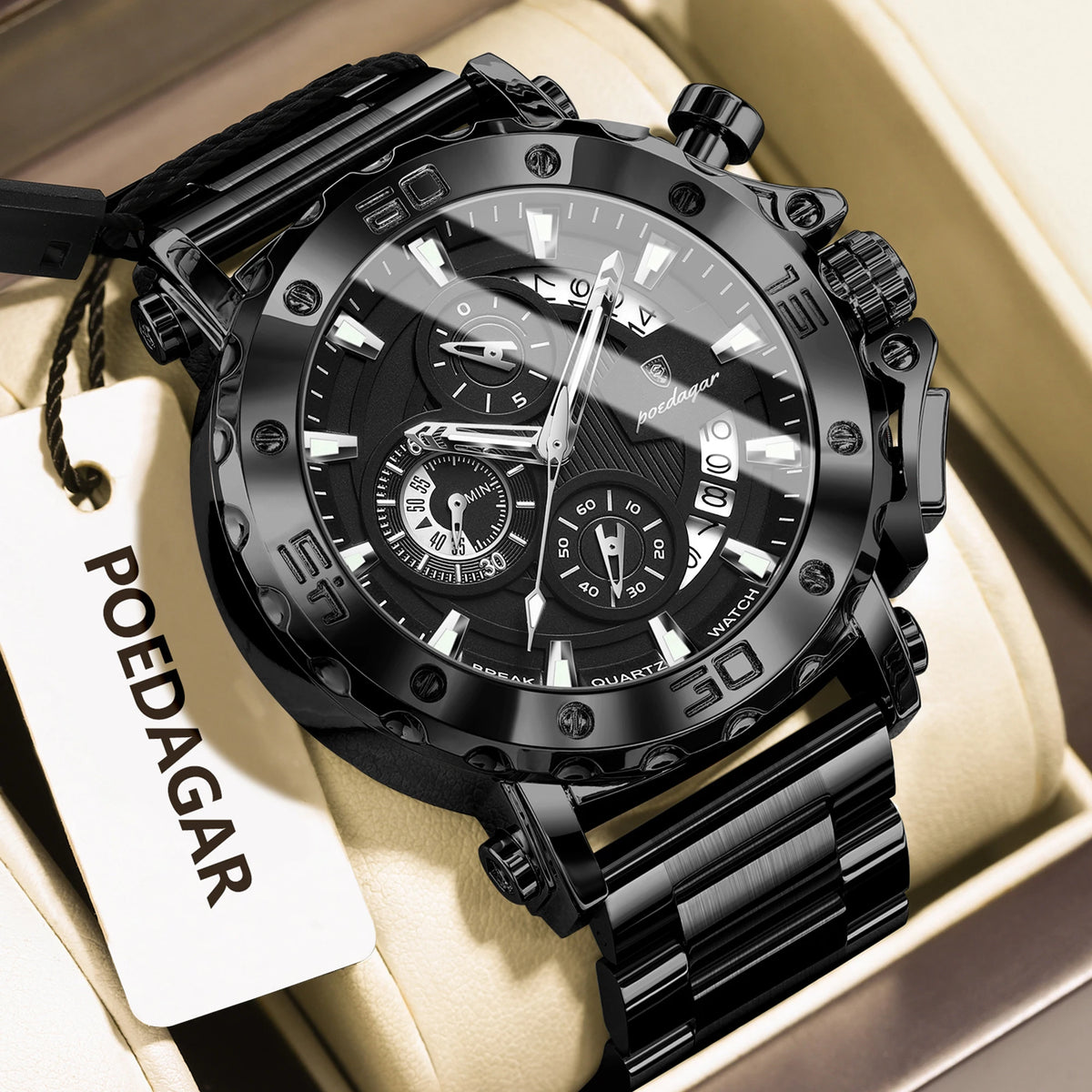 Stainless Steel Chronograph Watch – Luminous Waterproof Quartz for Men