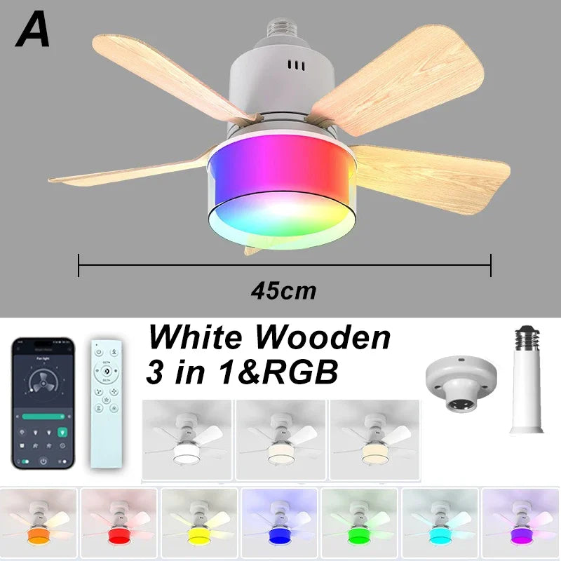 Smart RGB Ceiling Fan – E27 Bluetooth Lamp for Bedroom Decor
