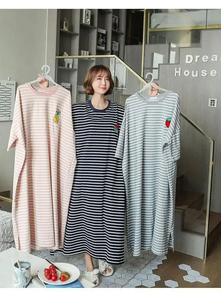 Plus Size Striped Pajama Dress – Short-Sleeved Cartoon Sleepwear for Women