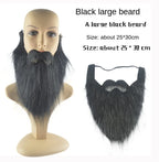 Large black fake beard costume accessory displayed on mannequin and separately with elastic strap