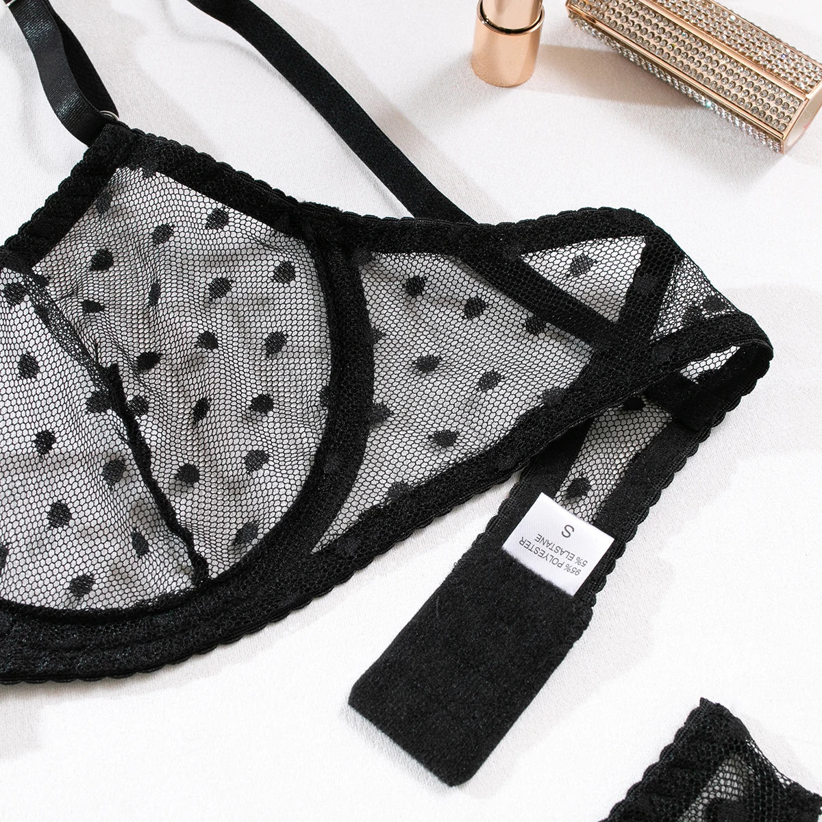 Polka Dot Mesh Lingerie Set – Sheer Underwire Bra and G-String for Women