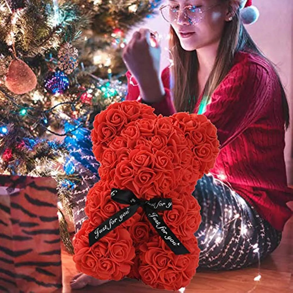 Artificial Rose Bear – 25cm Flower Figurine for Valentine Anniversary Gift