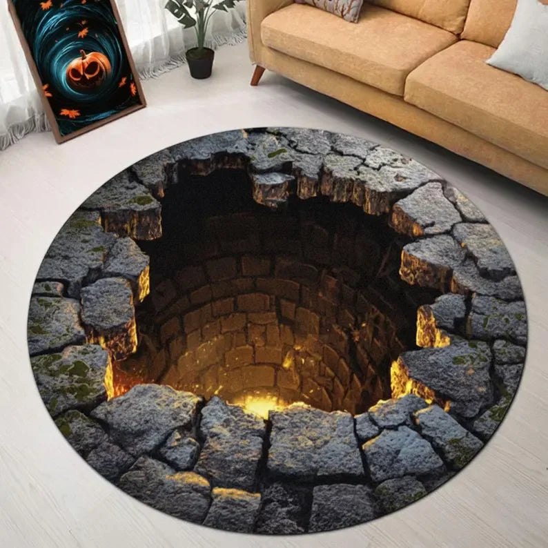 3D Illusion Rug – Golden Glow Pit Hole Carpet for Christmas Holiday Decor