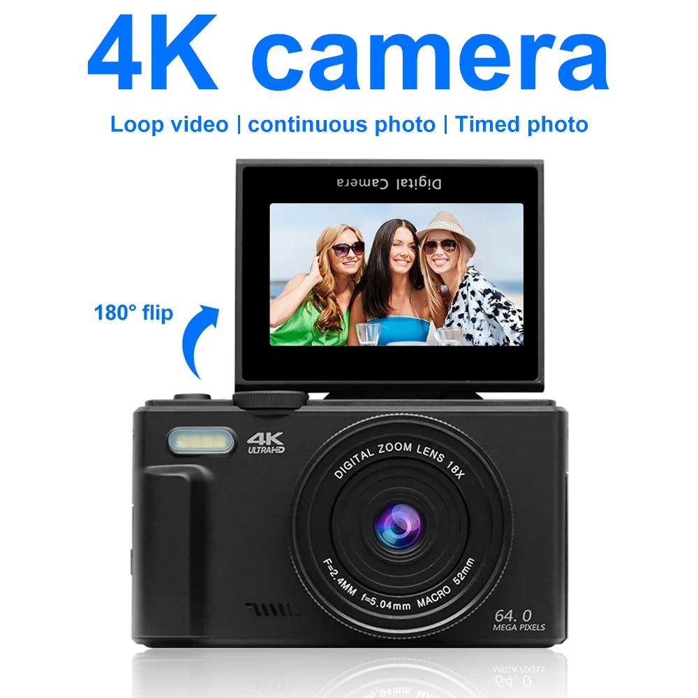 4K Digital Camera – 64MP Vlogging Compact with Flip Screen for Photography