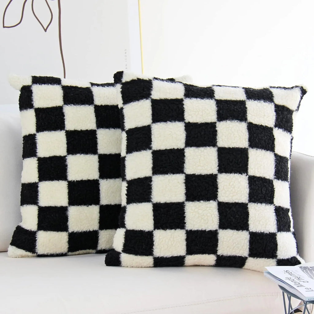 Black Faux Fur Throw Pillow Cover – Checked Wool Cushion for Sofa Decor