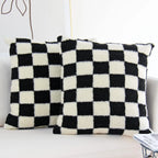 Black Faux Fur Throw Pillow Cover – Checked Wool Cushion for Sofa Decor