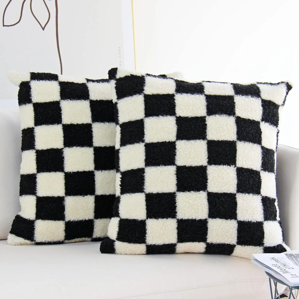 Black Faux Fur Throw Pillow Cover – Checked Wool Cushion for Sofa Decor