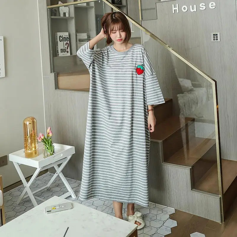 Plus Size Striped Pajama Dress – Short-Sleeved Cartoon Sleepwear for Women