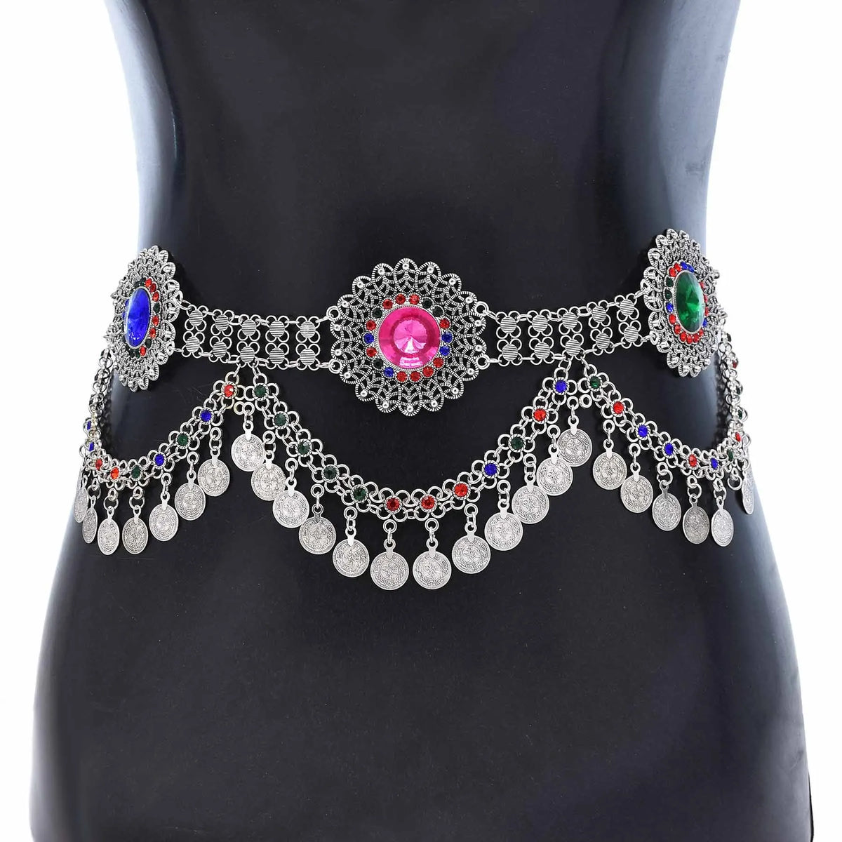 Boho silver belly dance waist chain belt with colorful stones and dangling coin charms