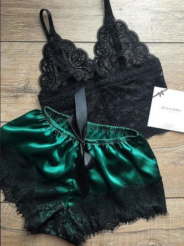 Lace Silk Pajama Set – Sexy Crop Top and Shorts for Women Sleepwear