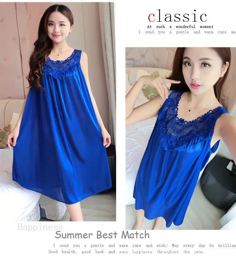 Ice Silk Sleep Dress – Plus Size Women's Tank Nightgown for Summer Housewear