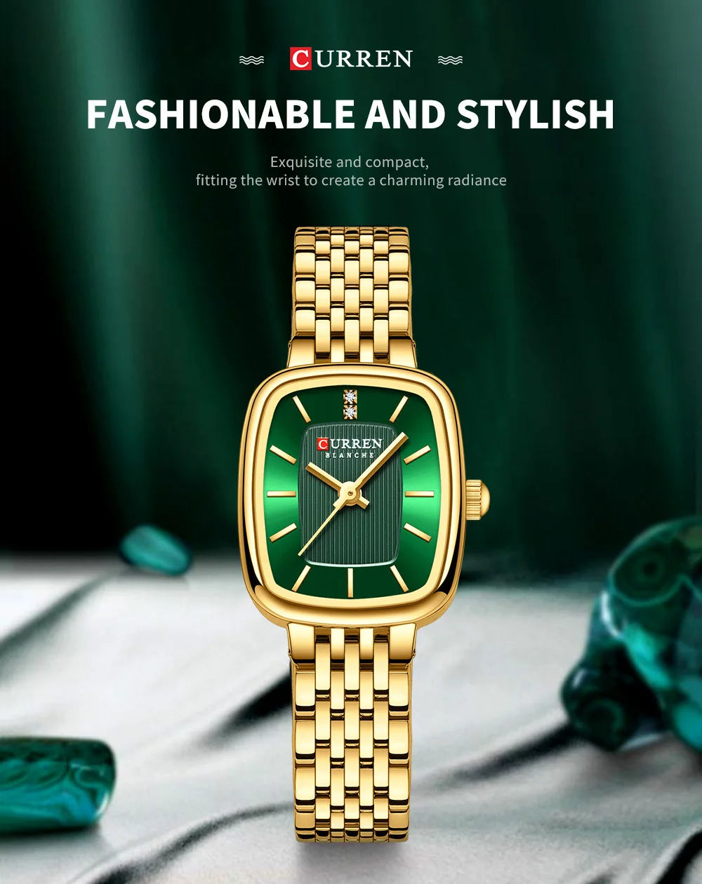 Gold Stainless Steel Quartz Watch – Elegant Square Dial for Business Fashion