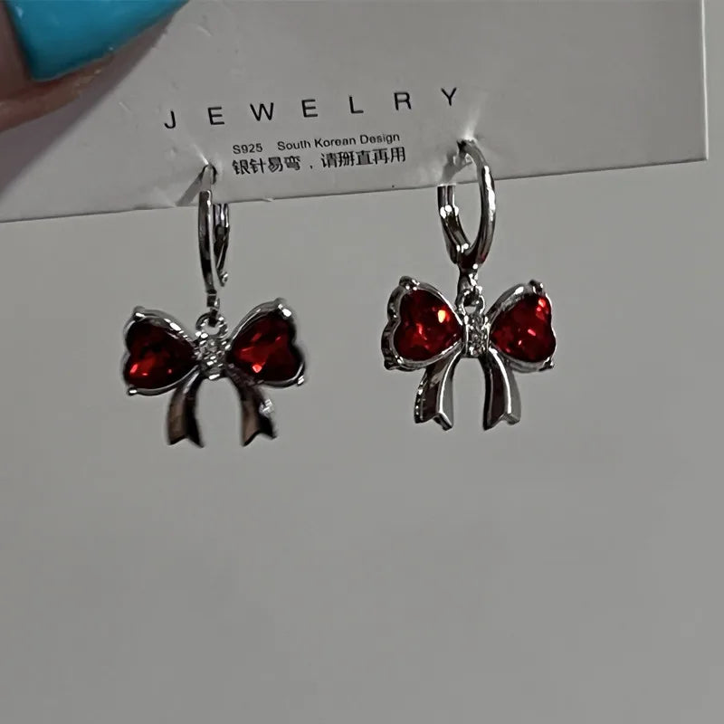 Wine Red Bow Dangle Earrings – Enamel Crystal Drop Jewelry for Women