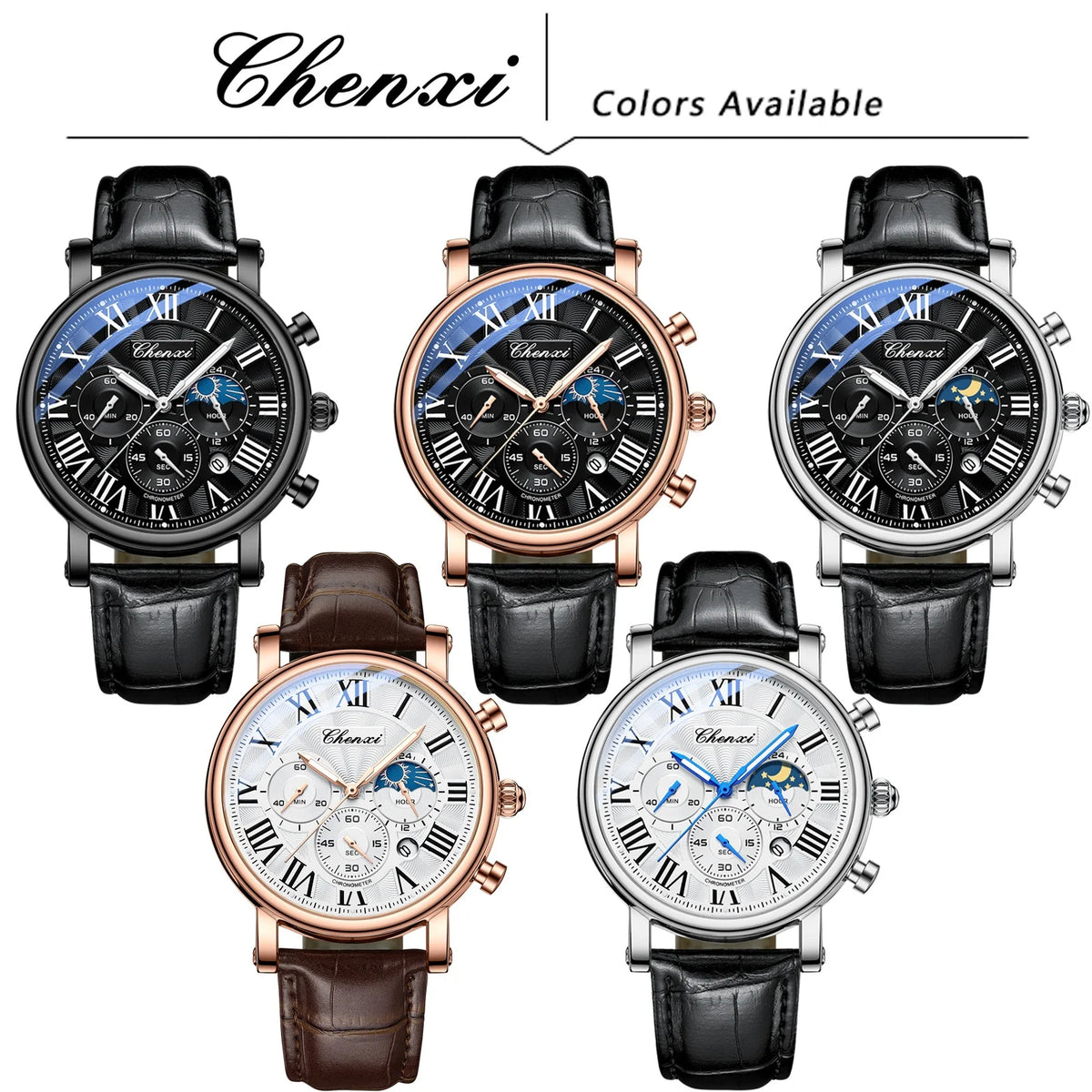 Leather Quartz Chronograph Watch – Men's Moon Phase Business Wristwatch