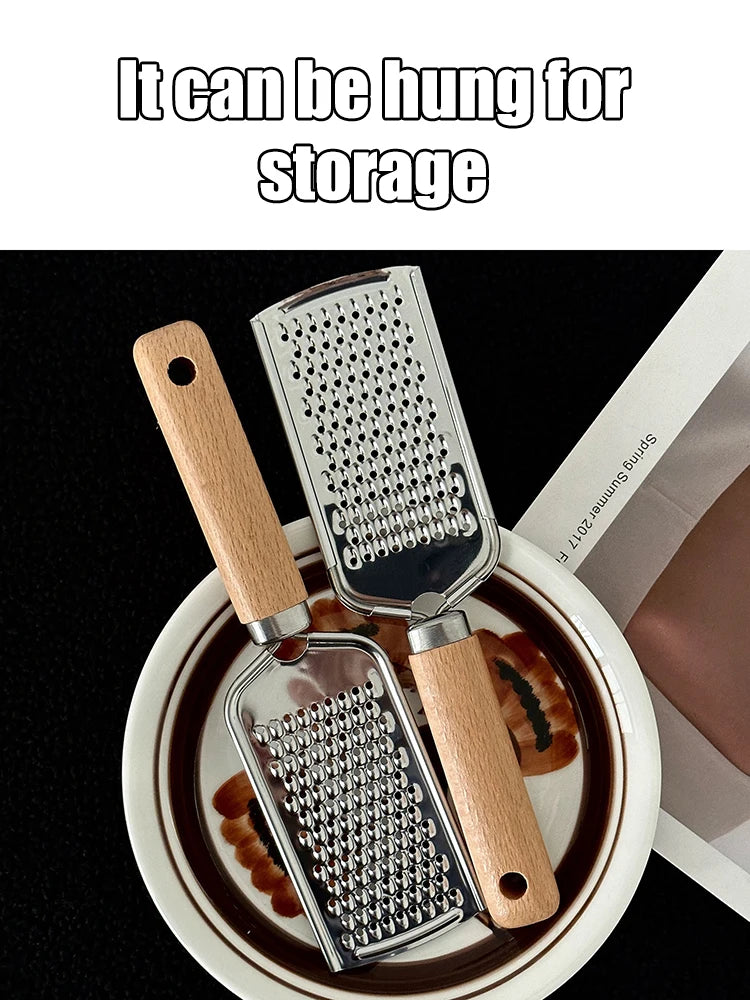 Stainless Steel Cheese Grater – Wooden Handle Tool for Kitchen Baking