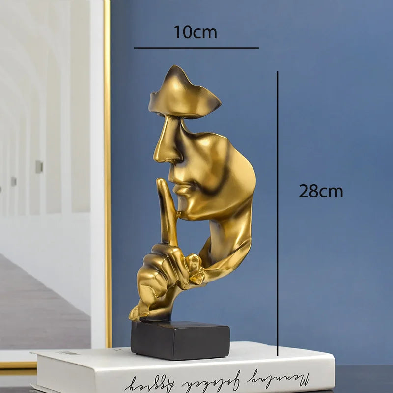 Abstract Thinker Resin Statue – Gold Silence Face Sculpture for Home Decor