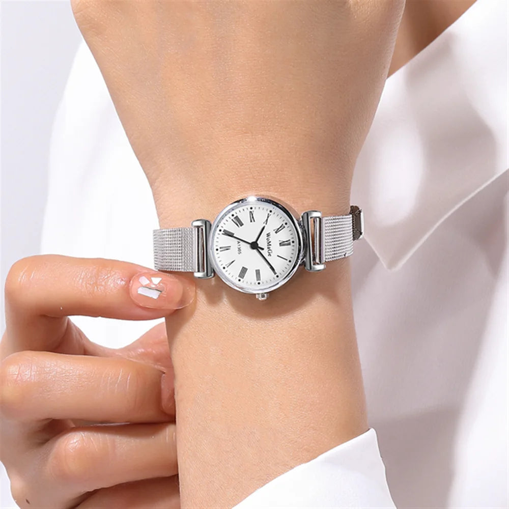 Silver Mesh Quartz Watch – Small Dial Stainless Steel for Women