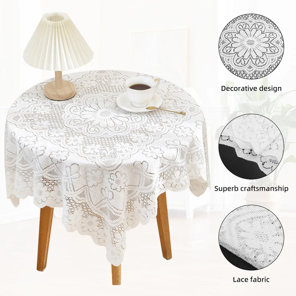 Embroidered Lace Tablecloth – Vintage White Floral Cover for Wedding Party