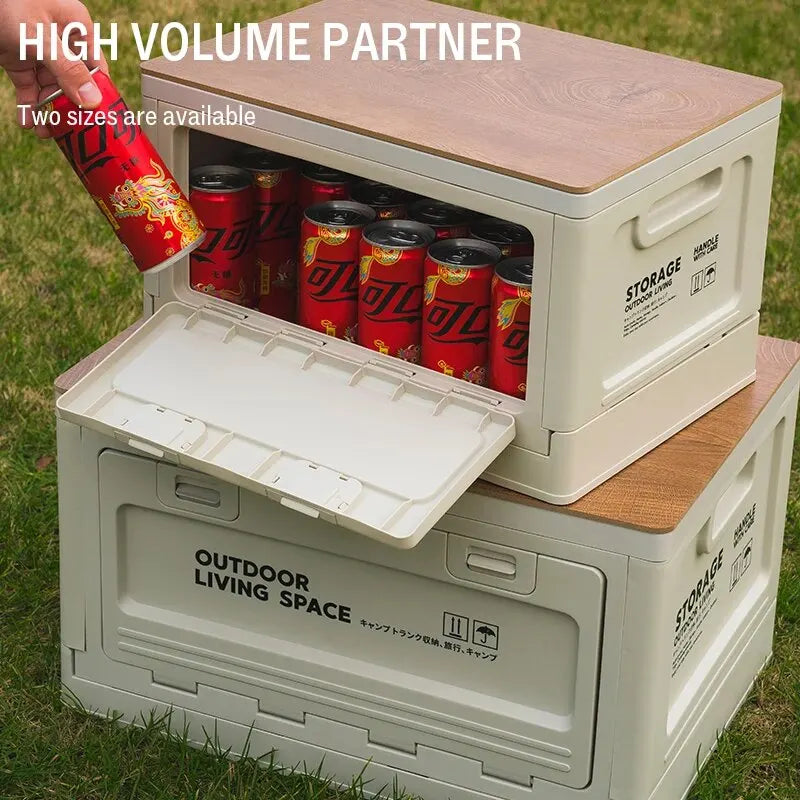 Folding Storage Box – Wooden Lid for Camping and Car Trunk Organization