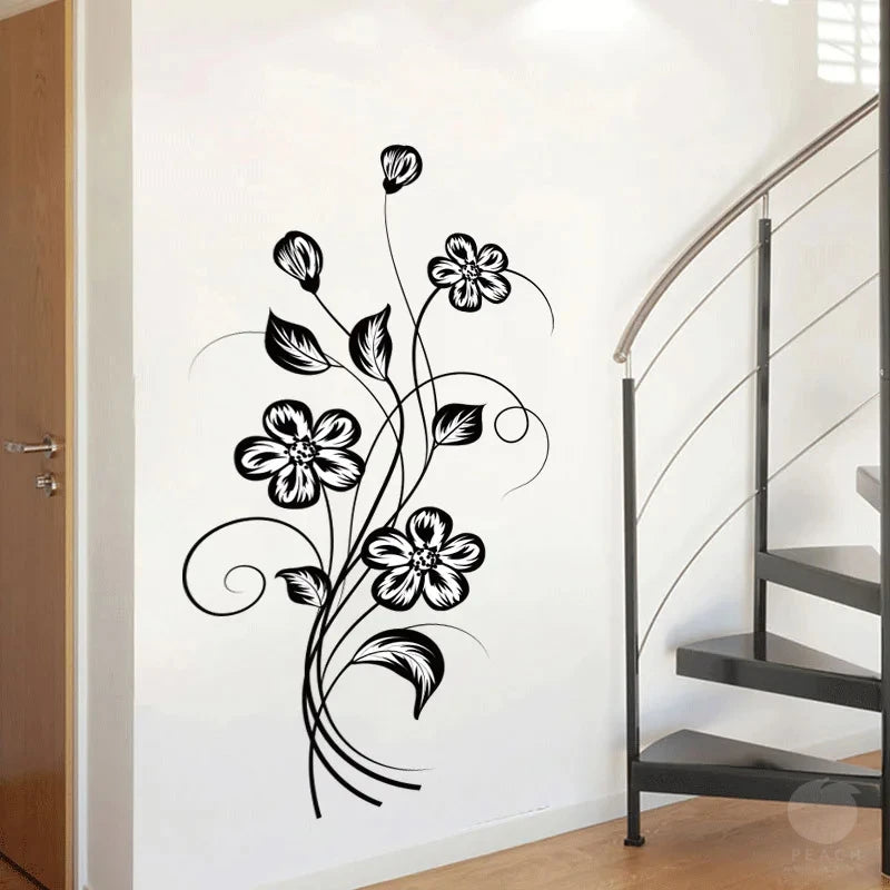 Black Flower Wall Decal – Waterproof Self-Adhesive Art for Home Decor