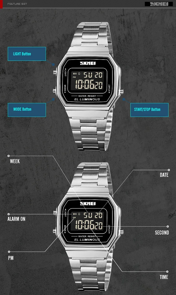 Retro LED Digital Watch – Stainless Steel Wristwatch for Men