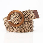 Braided Straw Waist Belt – Boho Wooden Buckle Accessory for Women