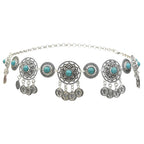 Boho silver coin belt with turquoise stones and ornate medallion details.