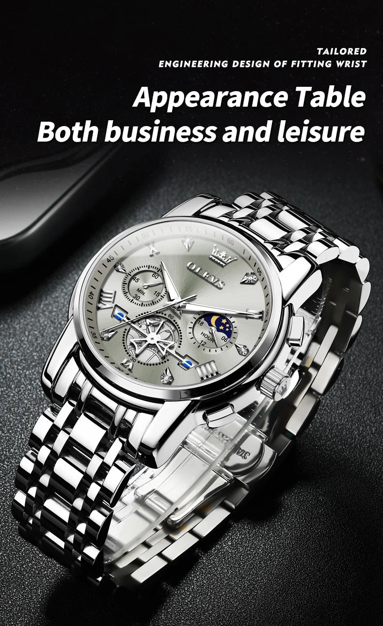 Quartz Chronograph Watch – Moon Phase Luminous Wristwatch for Men
