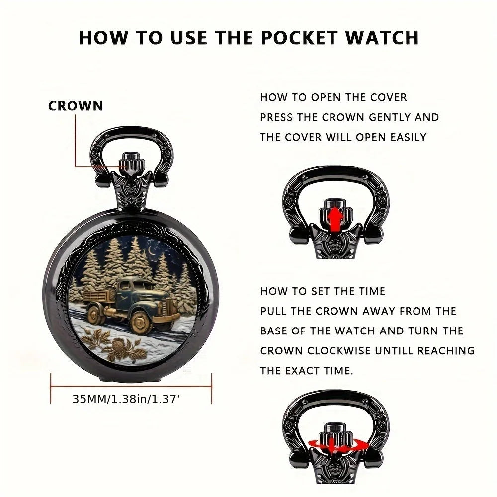 Forest Truck Quartz Pocket Watch – Vintage Necklace for Men Women and Kids