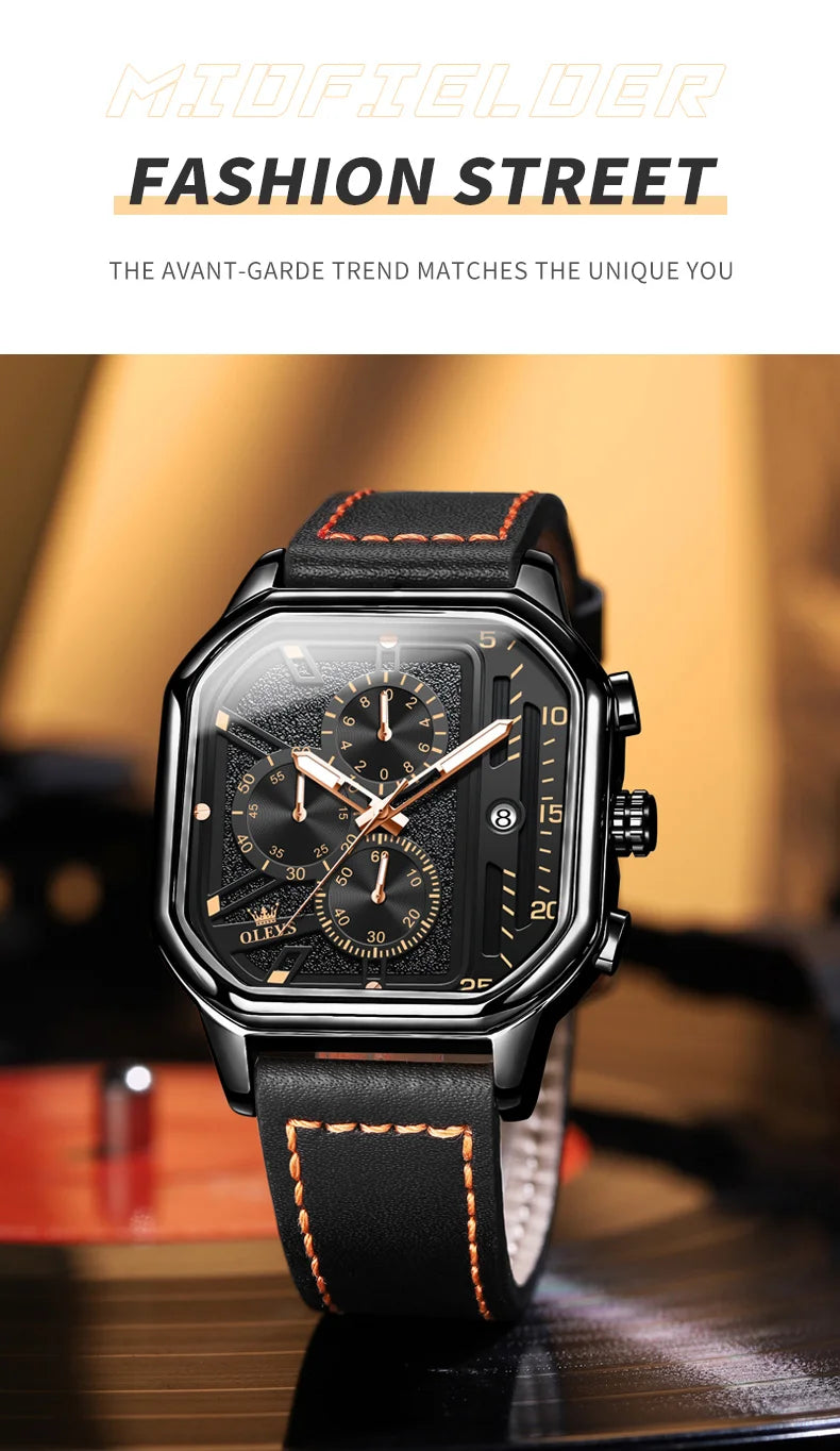 Square Leather Chronograph Watch – Waterproof Quartz Timepiece for Men