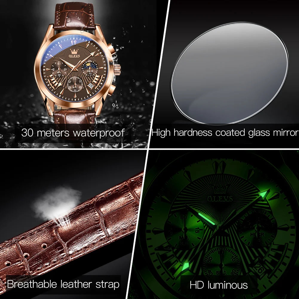 OLEVS Quartz Men's Watch – Luxury Waterproof Leather Wristwatch for Business