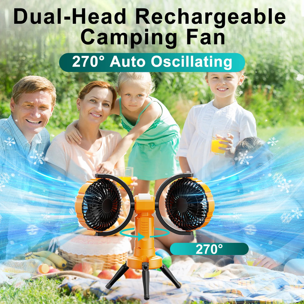 Portable Camping Fan – Dual Head Battery Powered Air Cooler for Outdoor Tents