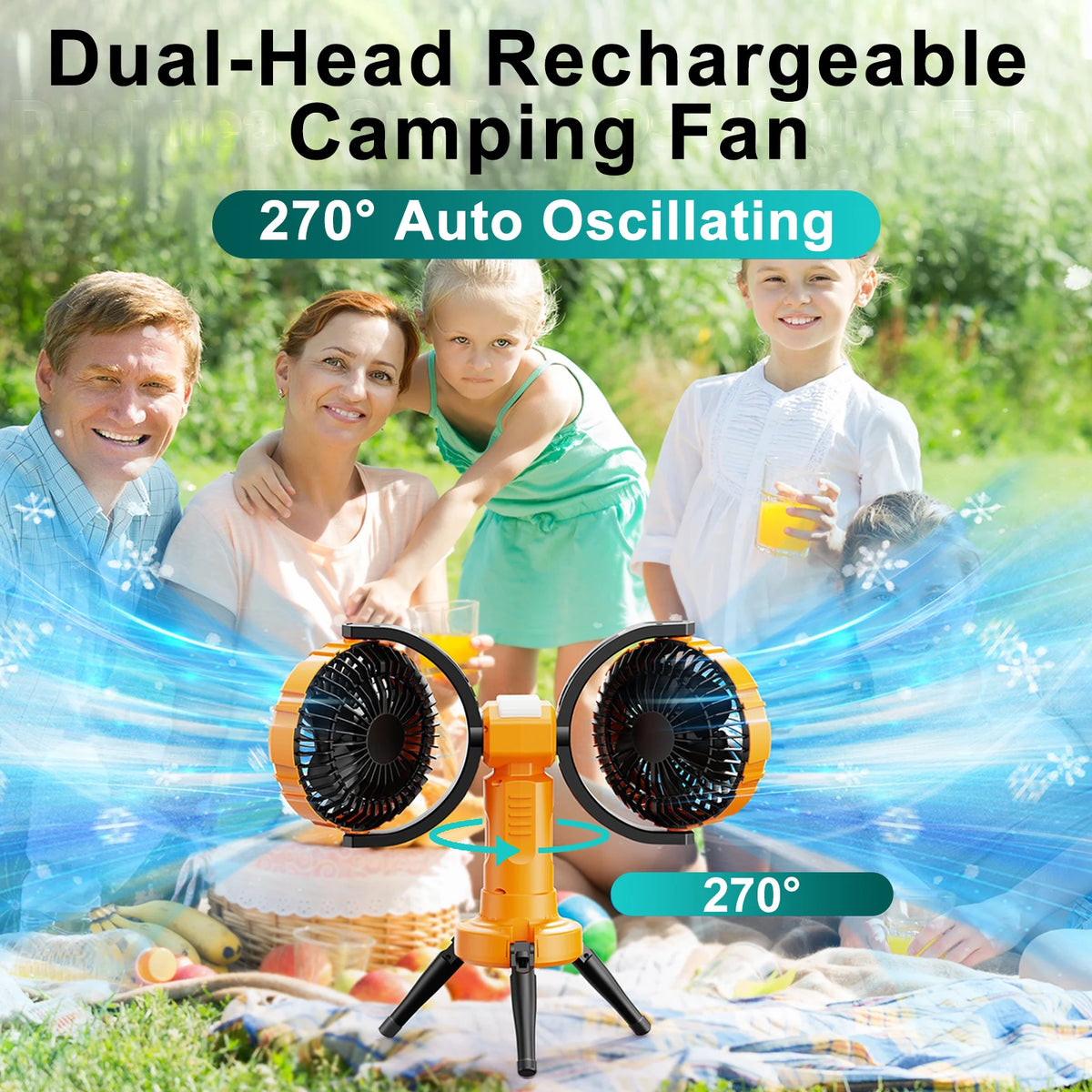Portable Camping Fan – Dual Head Battery Powered Air Cooler for Outdoor Tents