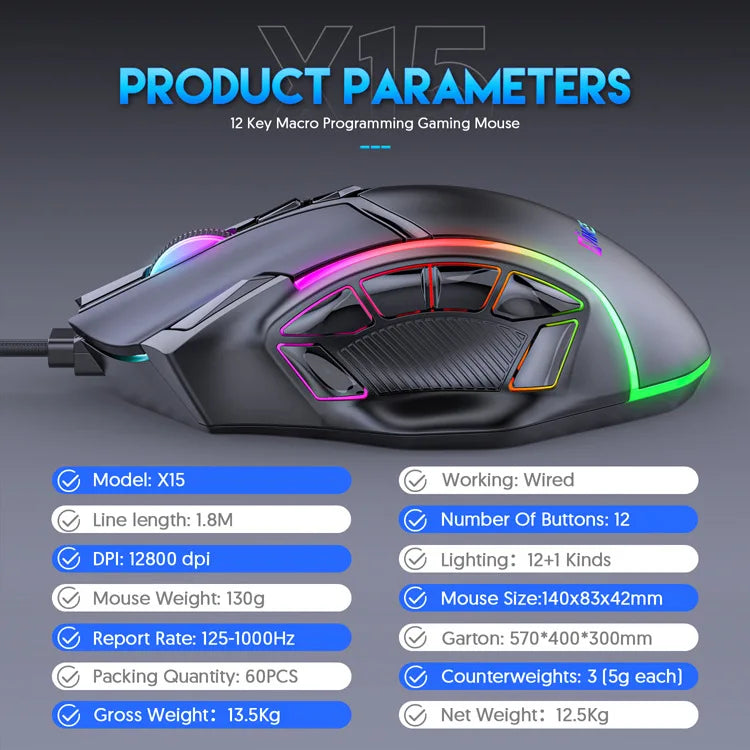 RGB Gaming Mouse – 12800 DPI Programmable 12-Button Ergonomic Controller for PC