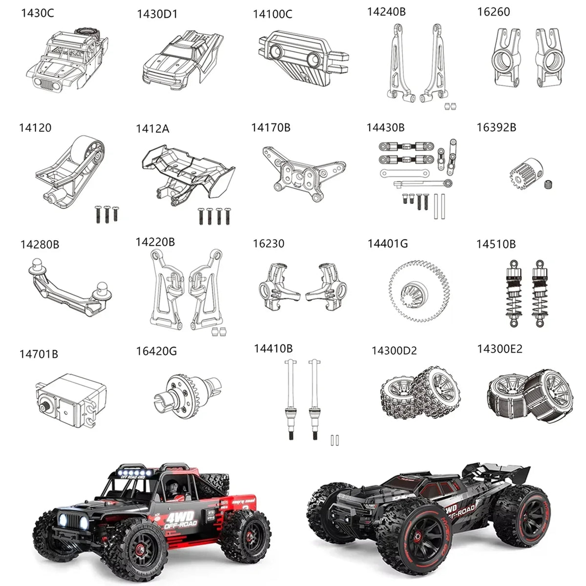 RC Car Spare Parts – Differential Shock and Tire Set for 1/14 Scale Models