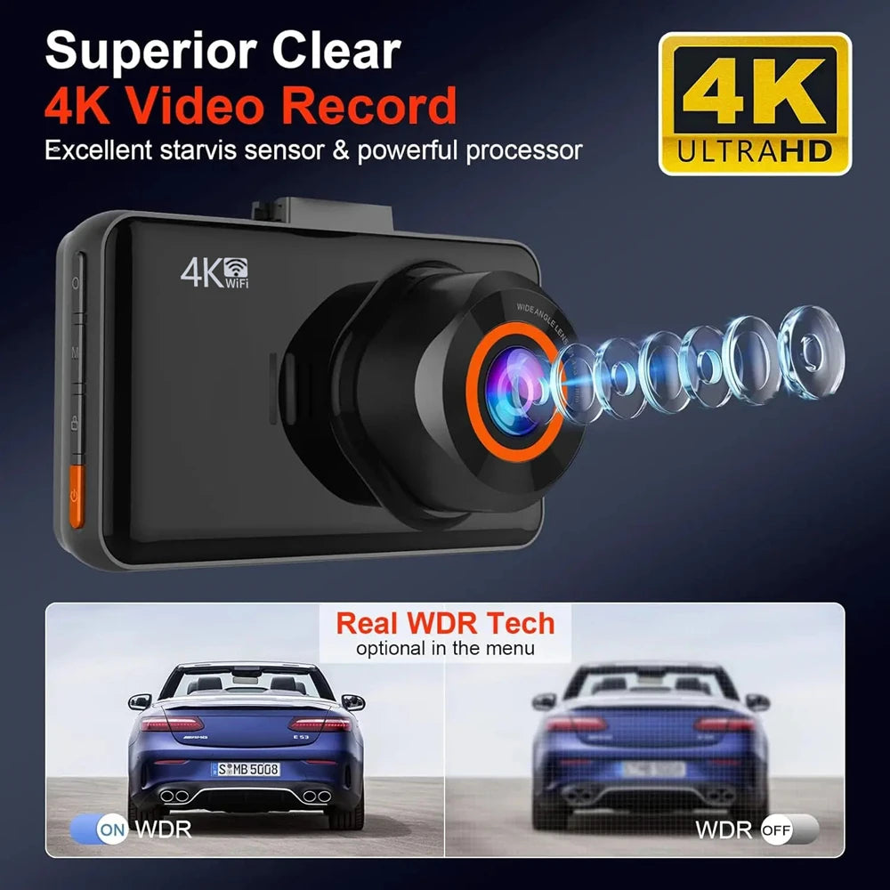 4K Dash Cam – Front and Rear WiFi Video Recorder for Vehicle Parking Safety