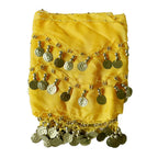 Yellow belly dance hip scarf with gold coin accents for costume or performance