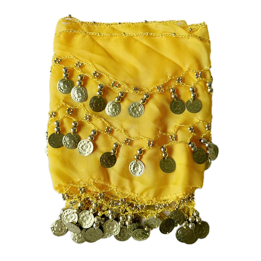 Yellow belly dance hip scarf with gold coin accents for costume or performance