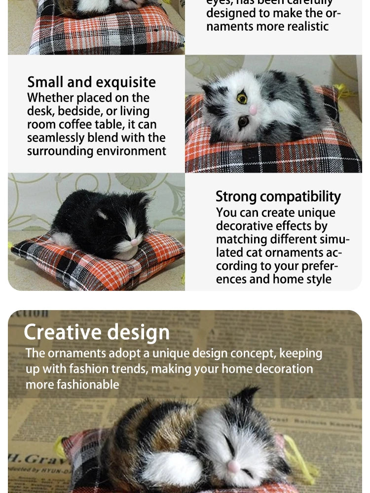 Realistic Plush Cat Figurine – Sleeping Animal Ornament for Desktop Decor