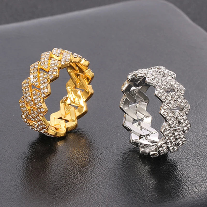 Iced Out Cuban Link Ring – Gold Plated CZ Band for Hip Hop Fashion