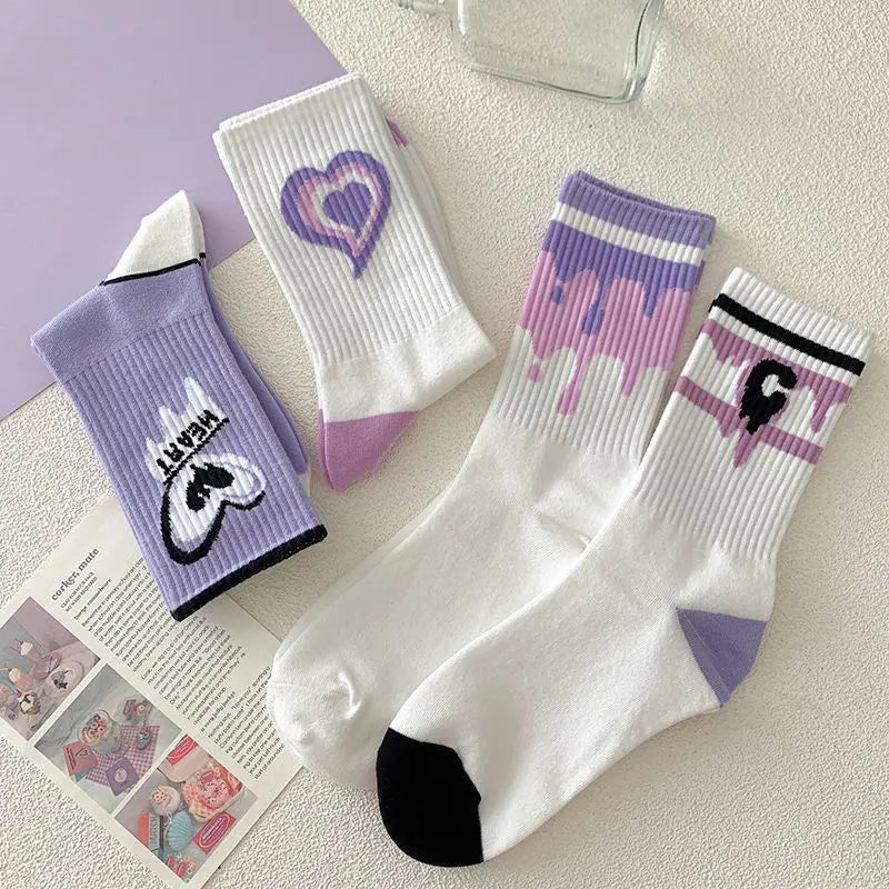 Cotton Heart Print Crew Socks – Kawaii Korean Style for Women