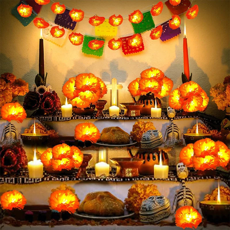 Mexican Marigold Garland LED Lights – Artificial Flower Decor for Day of the Dead